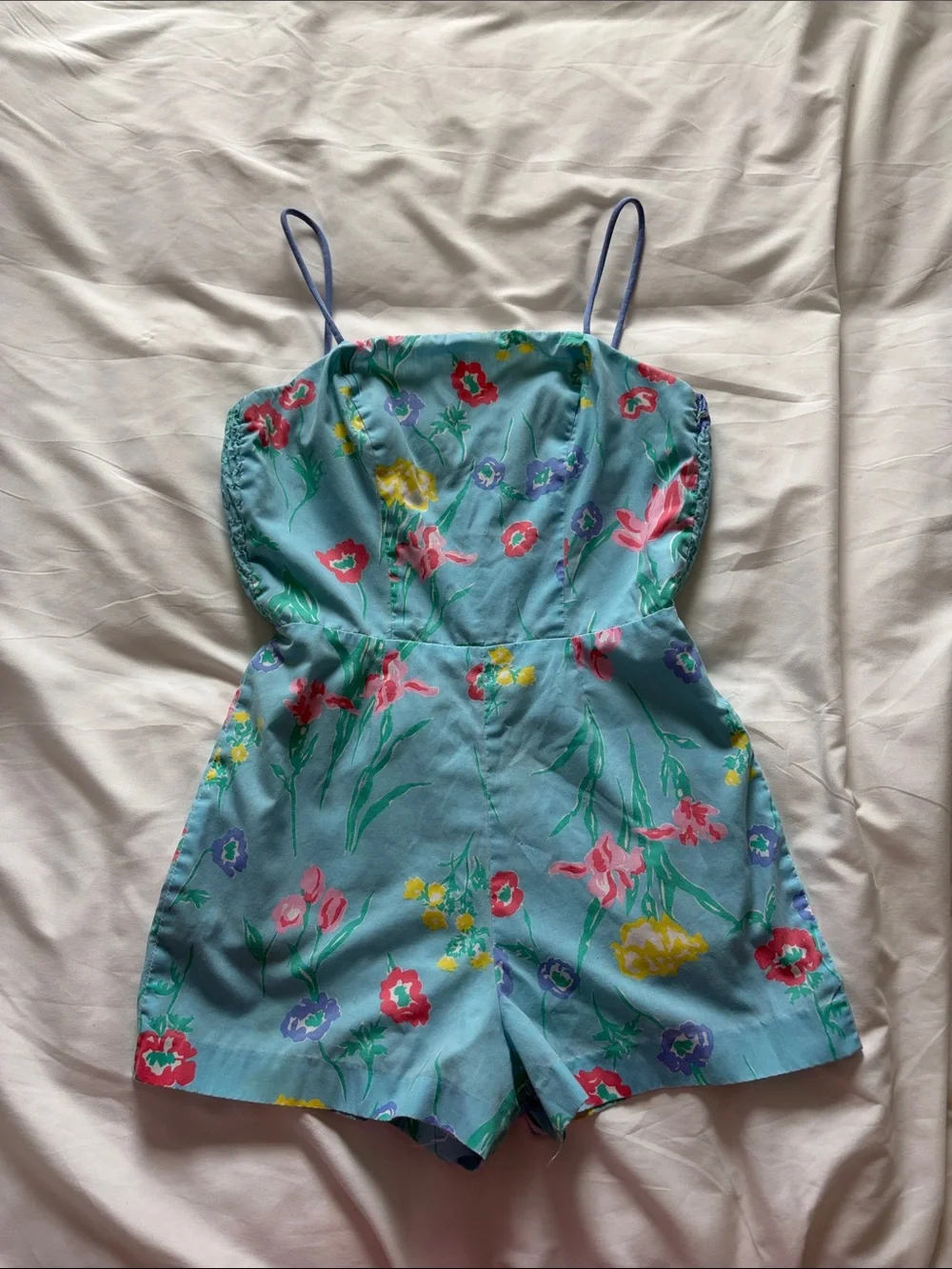 Vintage Floral Blue Romper with Spaghetti Straps - Picture 1 of 13
